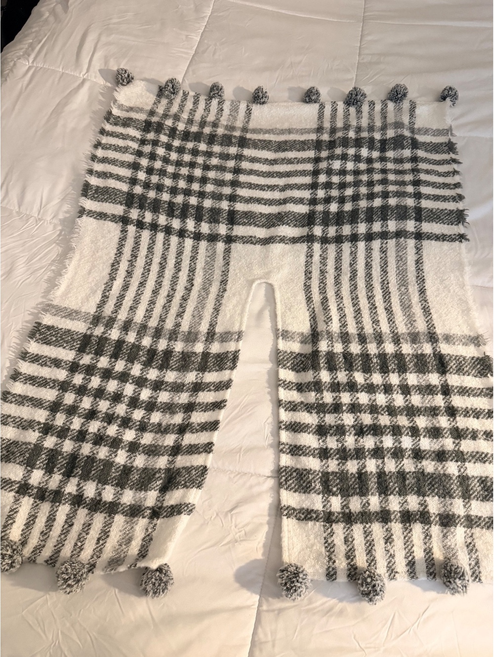 Cozy White and Gray Plaid Knit Poncho with Pom Pom Trim